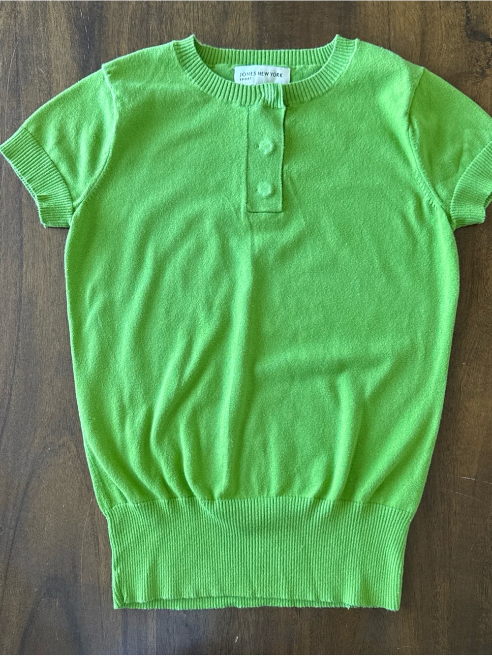 Jones New York Green Short Sleeve Knit Sweater Green Button Crew Neck Small